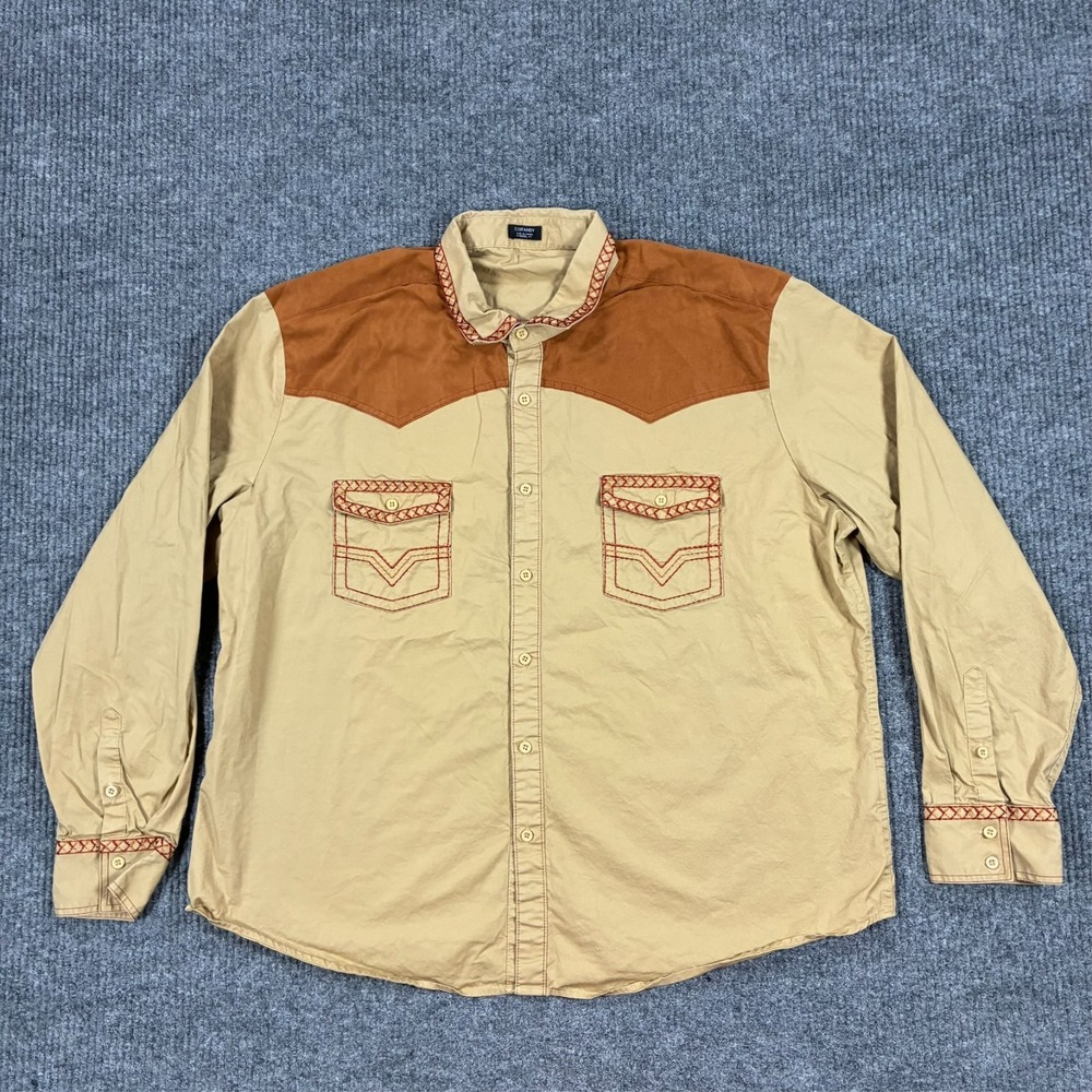 COOFANDY Western Button Shirt Mens 2XL Tan Cowboy Faux Suede Yoke Embroidered